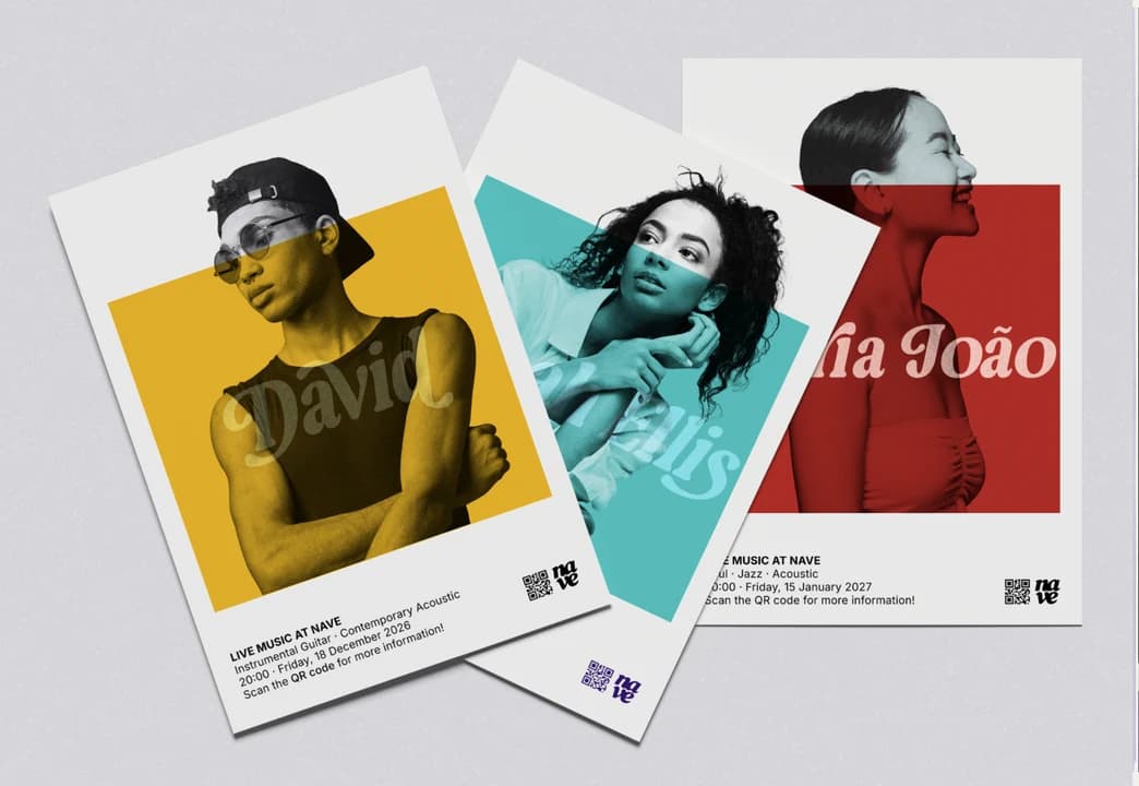 Three concert posters fanned out on grey
