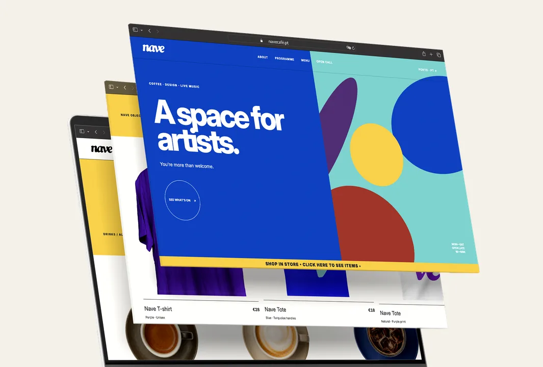 The home page on a laptop, with the store page showing behind it